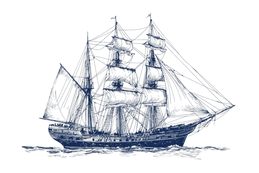 Vintage sketch of a sailing ship with detailed sails and rigging on open water. Perfect for nautical themes and maritime decor. png