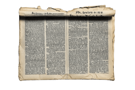 Vintage folded newspaper showing old printed text, worn pages and aged texture, isolated on a transparent background. png