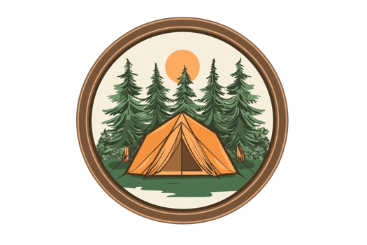 Vintage camping logo featuring a tent and pine trees against a sunset backdrop, conveying outdoor adventure and wilderness spirit. png
