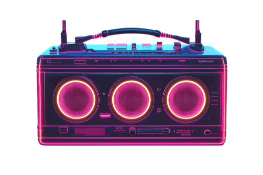 Vintage neon boombox with pink and purple lighting effect. Retro style music device showcasing a vibrant and classic design. png