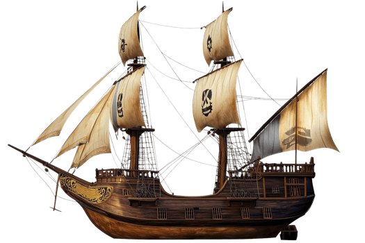 Vintage wooden sailing ship with billowing sails against a transparent background. Detailed illustration captures maritime history and adventure. png