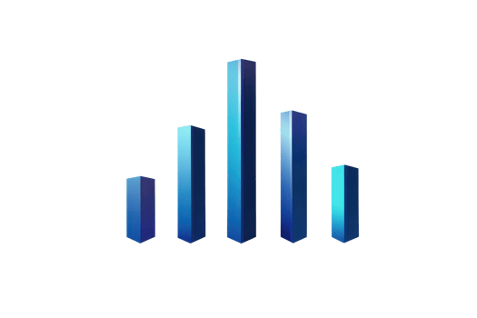 Abstract blue 3D bar graph illustrating business growth, data analytics, and financial strategy on a dark background. png