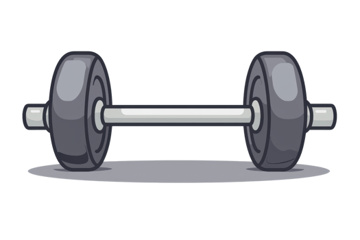 Cartoon illustration of a heavy dumbbell with black weights on each side, lying on the ground, ideal for fitness and gym design inspirations. png