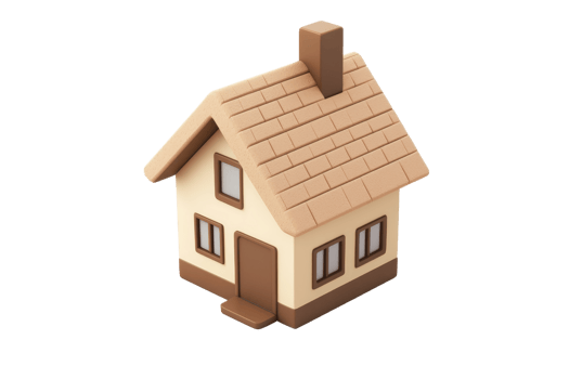 3D illustration of a small, cozy house with a brown roof and chimney, isolated on a transparent background. representing home and comfort. png