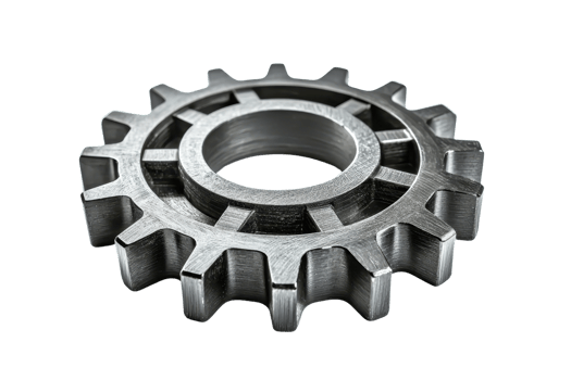 Close-up of a single metallic gear with teeth visible, isolated on a transparent background. Essential engineering component in machinery. png
