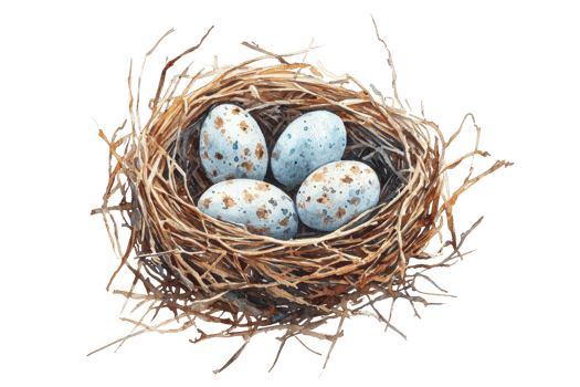 Close-up of a bird's nest with four speckled eggs on a transparent background. showcasing nature and wildlife in a serene setting. png