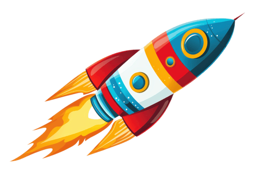 Colorful cartoon rocket blasting into space with fiery trail, symbolizing adventure and exploration in a playful style. png