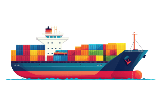 Colorful cargo ship illustration showcasing vibrant shipping containers symbolizing global trade and maritime logistics. png
