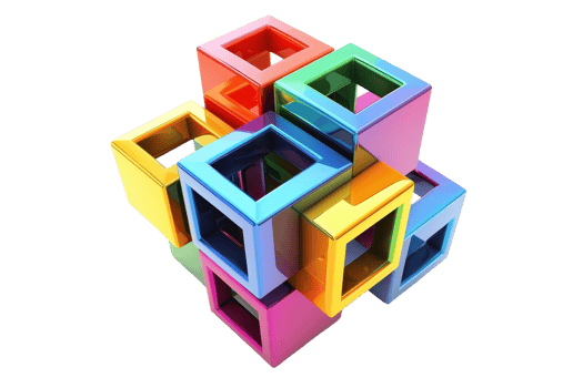 Colorful interlocking cubes forming a complex 3D puzzle, symbolizing creativity, teamwork, and problem-solving on a transparent background. png