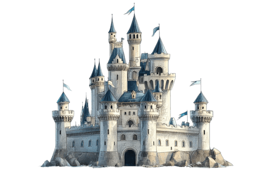 Elegant medieval castle with blue-roofed towers, surrounded by rocks. A fairytale architecture icon under a clear sky. png