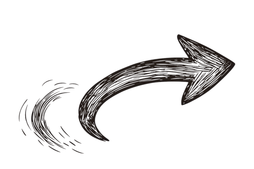 Hand-drawn sketch of a black arrow curving to the right, symbolizing direction and movement on a transparent background. png
