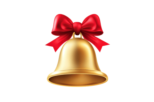 Golden Christmas bell with a vibrant red ribbon bow, symbolizing festive cheer, celebration, and holiday spirit on a transparent background. png