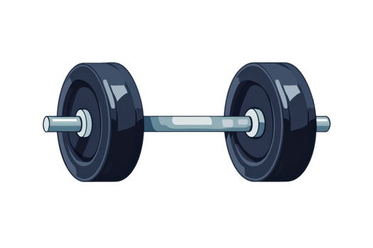 Illustrated dumbbell with black weights on either side of a metal bar, symbolizing strength, fitness, and exercise. png