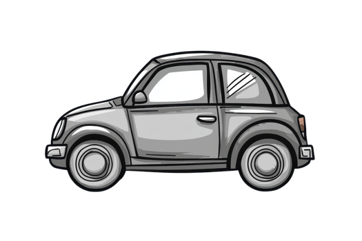 Illustration of a small, gray cartoon car on a transparent background, highlighting its cute and compact design. png