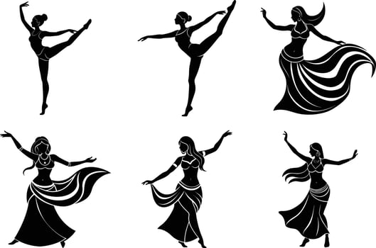 Fitness silhouettes of women in various dynamic dance poses vector