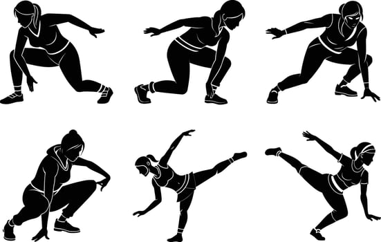 Fitness silhouette poses of women dancing with dynamic energy vector