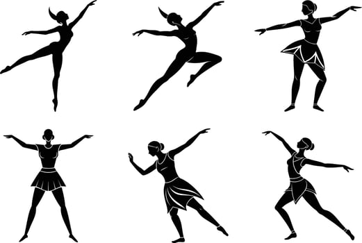 Dynamic fitness dance silhouette poses on white background vector