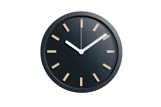 Modern wall clock with minimalist design. Black face, simple gold markers, and sleek hands. Perfect for home or office decor. png