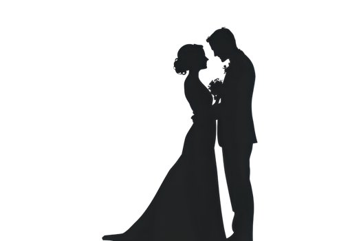 Silhouette of a bride and groom embracing, capturing a romantic moment in their wedding attire against a light background. png