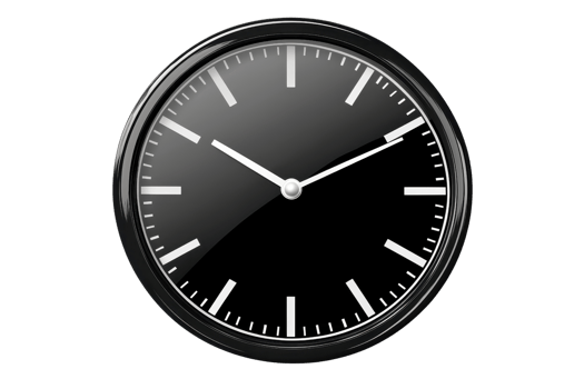 Sleek black analog clock with minimalist design, showing time on a glossy surface, isolated on a transparent background. perfect for modern decor. png