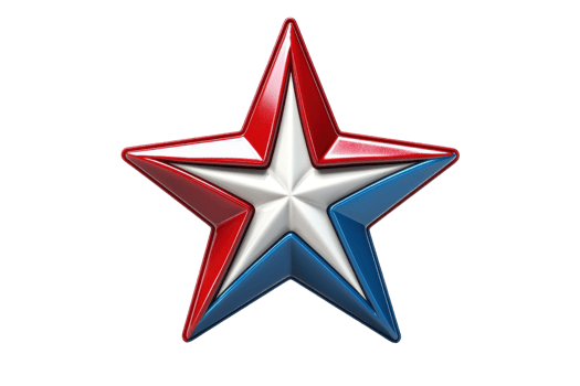 Red, white, and blue star with a metallic texture, symbolizing patriotism and celebration, isolated on a transparent background. png