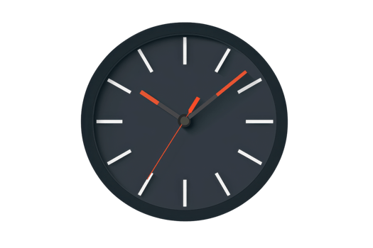 Modern wall clock with black and orange design, displaying accurate time. Perfect for office, home, or classroom decor inspiration. png
