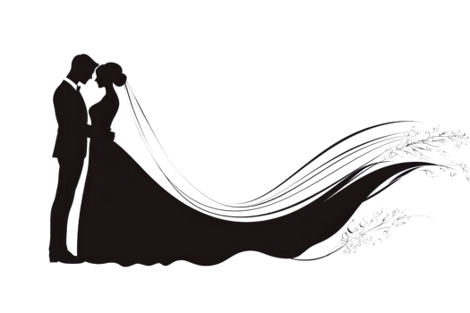 Silhouette of a romantic wedding couple embracing, bride in a flowing gown, perfect for wedding invites or greeting cards. png