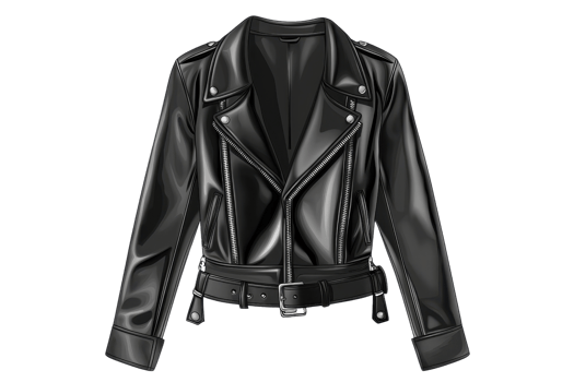 Stylish black leather jacket with a classic design and silver zippers, perfect for a trendy and edgy fashion statement. png