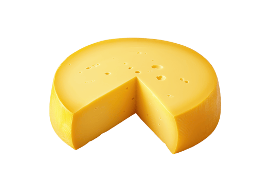 Whole round cheese with a wedge cut out, showcasing its smooth texture and yellow hue, isolated on transparent background. ready for culinary use. png