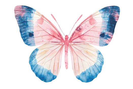 Vibrant watercolor butterfly with pink, blue, and white wings. Perfect for nature themes, artistic designs, and decoration projects. png