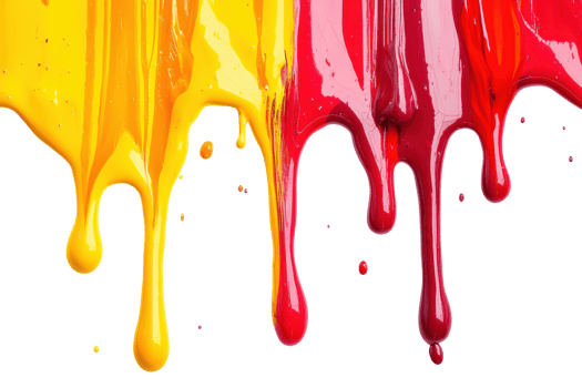 Vivid splashes of dripping paint in vibrant red, yellow, and pink hues, creating a dynamic and colorful abstract background on a dark surface. png