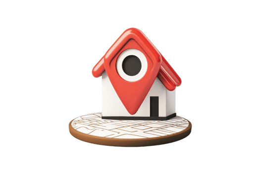 3D illustration of a house with a map pin icon, representing real estate, navigation, and property location concepts. png