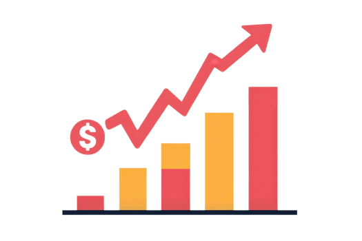 Colorful bar graph with upward trajectory arrow, symbolizing financial growth and positive business progress, against a transparent background. png