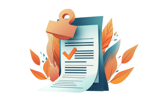 Abstract illustration of a clipboard with documents, checkmark, and decorative leaves, symbolizing organization and productivity. png