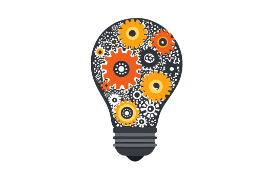 Creative concept illustration of a light bulb filled with colorful gears, symbolizing innovative ideas and teamwork in problem-solving. png