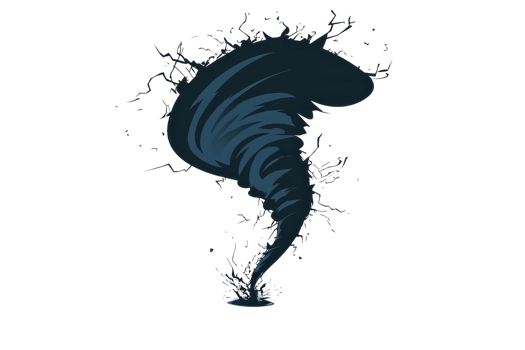 Digital illustration of a dark, abstract tornado with dynamic, swirling motion and splash elements on a transparent background. png