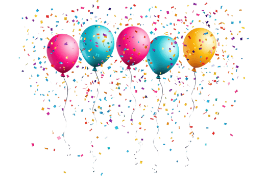 Colorful balloons with vibrant confetti on a transparent background. perfect for celebrations, parties, and festive occasions. png