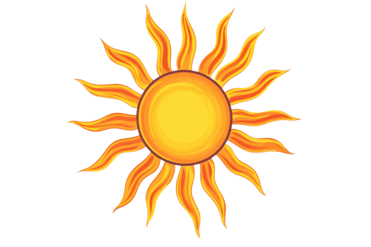 Bright yellow stylized sun illustration with fiery rays, representing warmth, energy, and summer vibes on a clear background. png