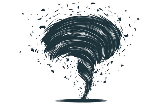 Artistic illustration of a swirling tornado formed by curved, dark brush strokes and speckles, evoking a sense of dynamic power in nature. png