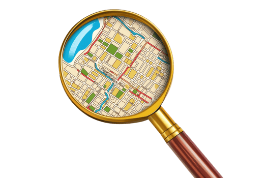 A magnifying glass hovers over a detailed city map, emphasizing streets and geographical features. Perfect for navigation and exploration themes. png