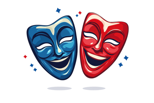 Colorful theatrical masks representing comedy and drama, symbolizing the dual expressions in performing arts. Vibrant and artistic design. png