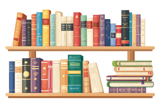 Colorful collection of books neatly arranged on a wooden shelf, perfect for library, education, or literature themed projects. png