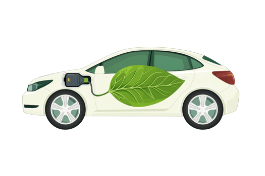 Illustration of an eco-friendly electric car with a large green leaf, symbolizing sustainable and green transportation. png