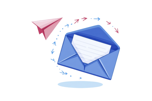 Illustration of an open blue envelope with a paper plane, symbolizing digital communication and correspondence. png