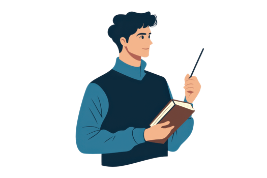 Illustration of a thoughtful man holding a book and pen, symbolizing creativity and learning against a plain background. png