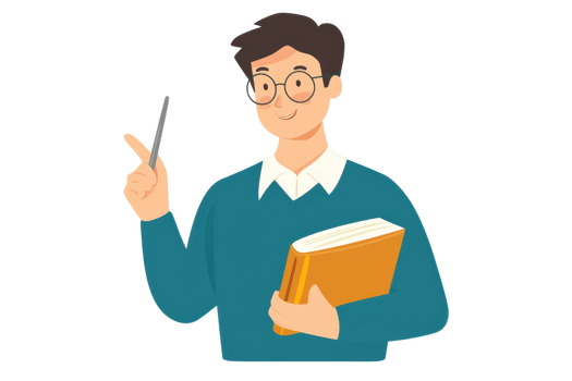 Illustration of a cheerful young man holding a book and a pen, symbolizing knowledge and creativity in a learning environment. png