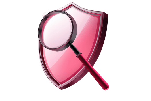 Illustration of a magnifying glass over a red shield symbolizing protection, security, and scrutiny, ideal for cyber security concepts. png