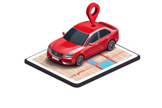Illustration of a red car on a digital map, representing navigation, GPS, and online location tracking services. png