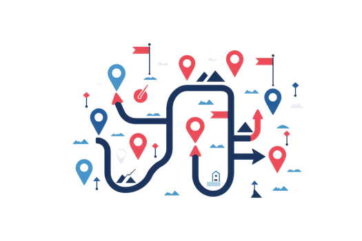 Illustration of a navigational path with location markers and arrows, symbolizing direction, travel, and map navigation. png