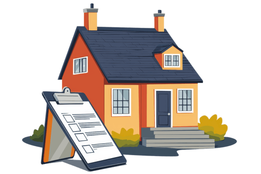 Illustration of a cozy house with a clipboard checklist, representing home inspection or real estate evaluation concept. png